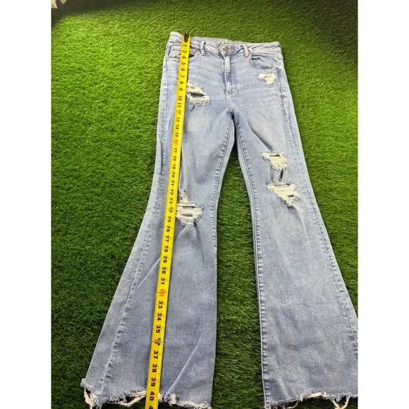 AE Next Level Ripped Super High-Waist Flare Jeans Women's 12 Blue Denim Stretch - Picture 11 of 16